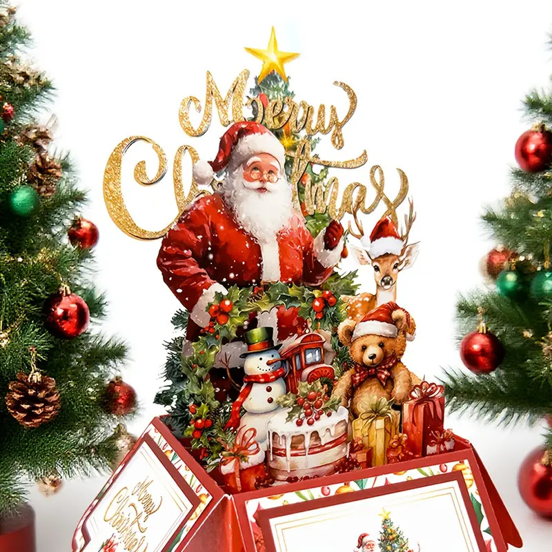 3D Pop‑up Santa's Box Tri‑fold Christmas Card – Handcrafted Holiday Scene, Premium Greeting with Envelope