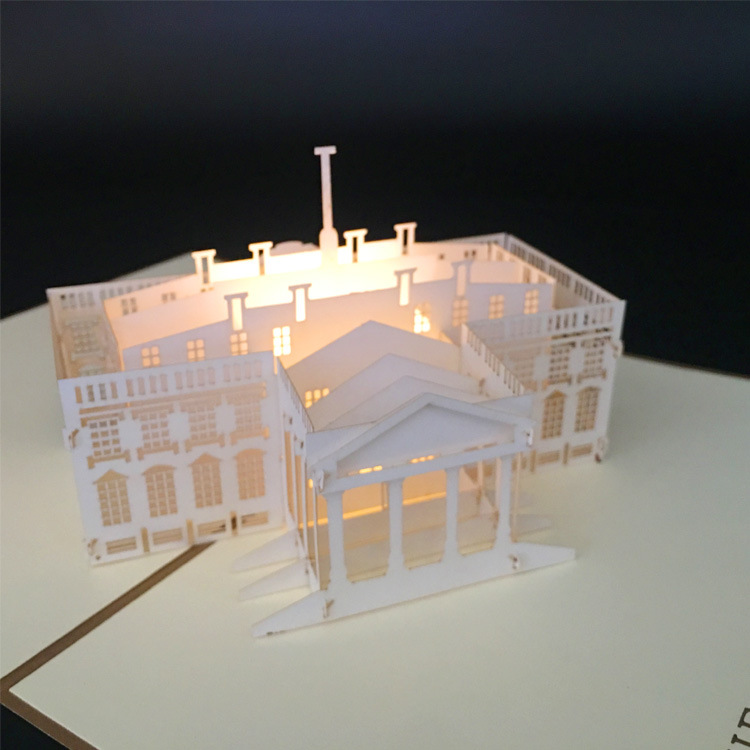 3D Paper-cut Pop-up White House Card with LED Lights – Architectural Art, Creative Business Greeting with Envelope
