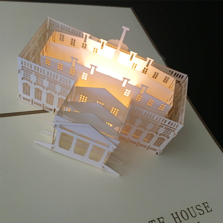 3D Paper-cut Pop-up White House Card with LED Lights – Architectural Art, Creative Business Greeting with Envelope