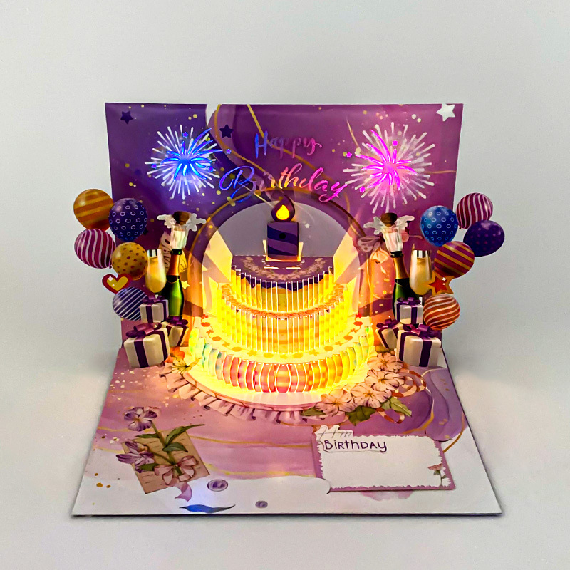 New 3D Pop-up Birthday Cake Card with Music, Lights & Blow-Activated Effect – Interactive Greeting, Perfect for Birthdays