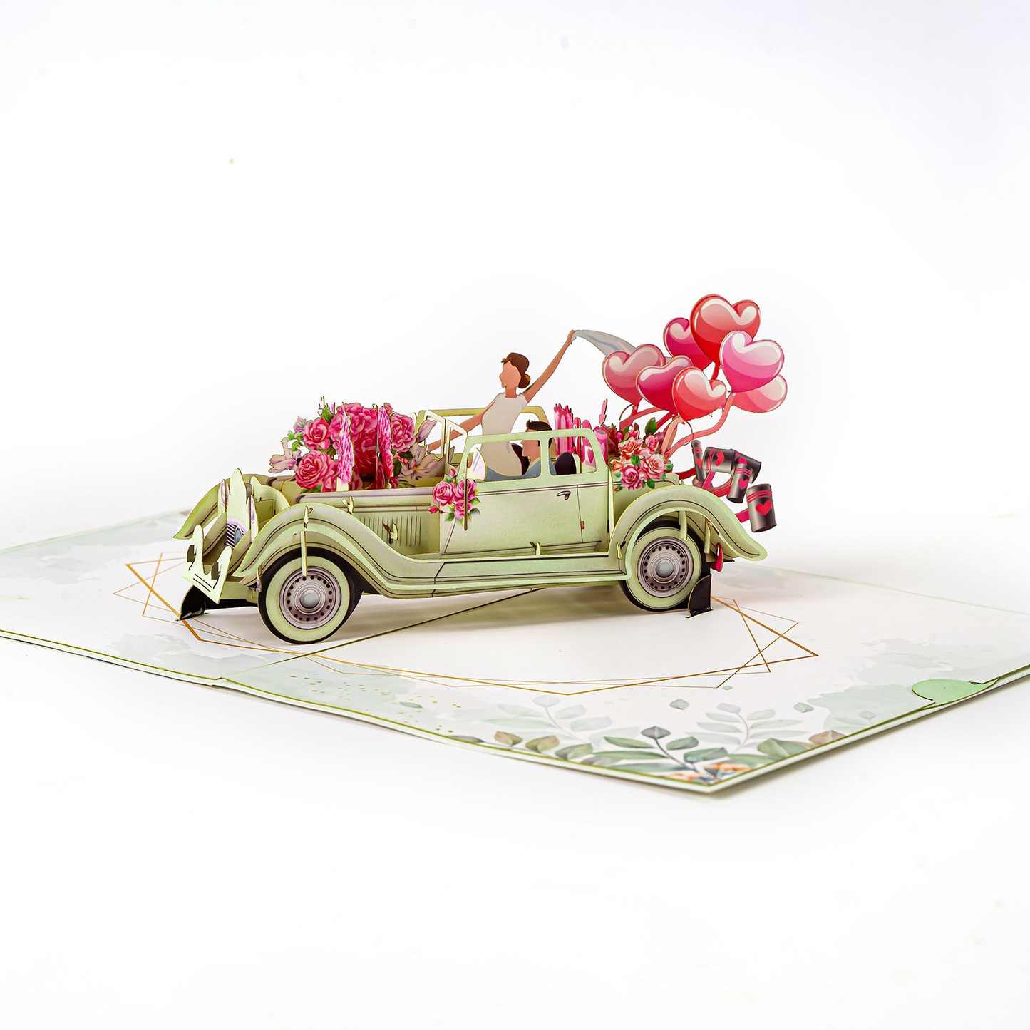 Creative 3D Pop-up Wedding Card – Sports Car, Hot Air Balloon & Couple Scene, Perfect for Weddings & Anniversaries