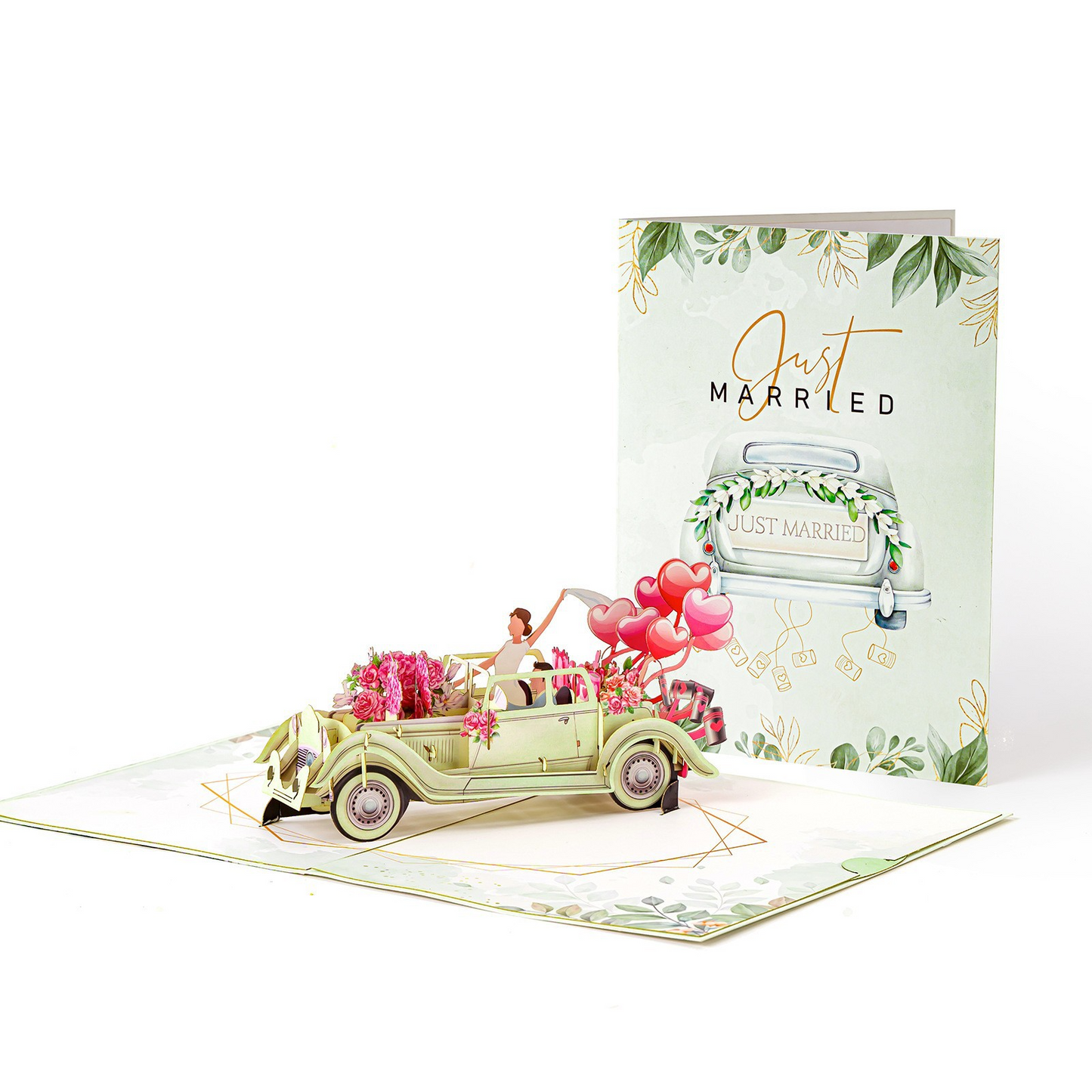 Creative 3D Pop-up Wedding Card – Sports Car, Hot Air Balloon & Couple Scene, Perfect for Weddings & Anniversaries
