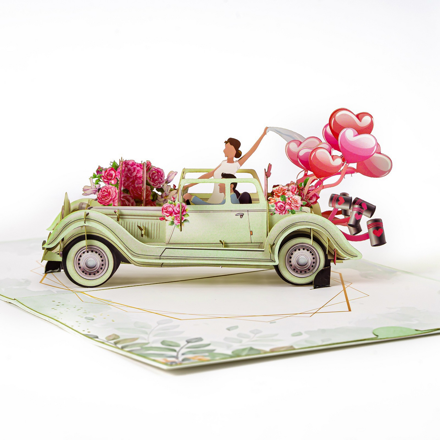 Creative 3D Pop-up Wedding Card – Sports Car, Hot Air Balloon & Couple Scene, Perfect for Weddings & Anniversaries