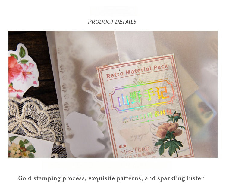 251-Piece Vintage Junk Journal Ephemera Pack – Botanical & Moon Phase Sticker Set, DIY Scrapbooking Supplies for Creative Journaling