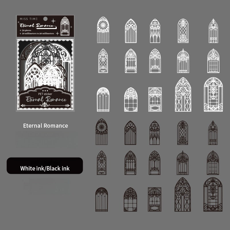 PET Sticker Pack – Romantic Eternal Series, 30 Sheets / 6 Designs, White Ink Lace Journaling & Scrapbooking Supplies