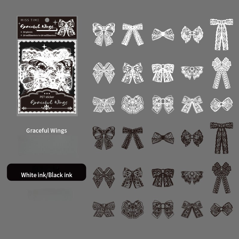 PET Sticker Pack – Romantic Eternal Series, 30 Sheets / 6 Designs, White Ink Lace Journaling & Scrapbooking Supplies