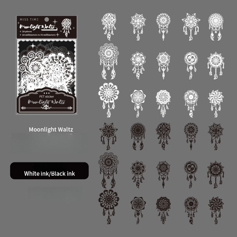 PET Sticker Pack – Romantic Eternal Series, 30 Sheets / 6 Designs, White Ink Lace Journaling & Scrapbooking Supplies