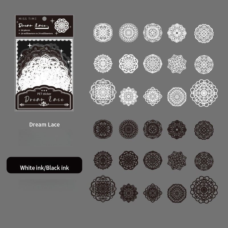 PET Sticker Pack – Romantic Eternal Series, 30 Sheets / 6 Designs, White Ink Lace Journaling & Scrapbooking Supplies