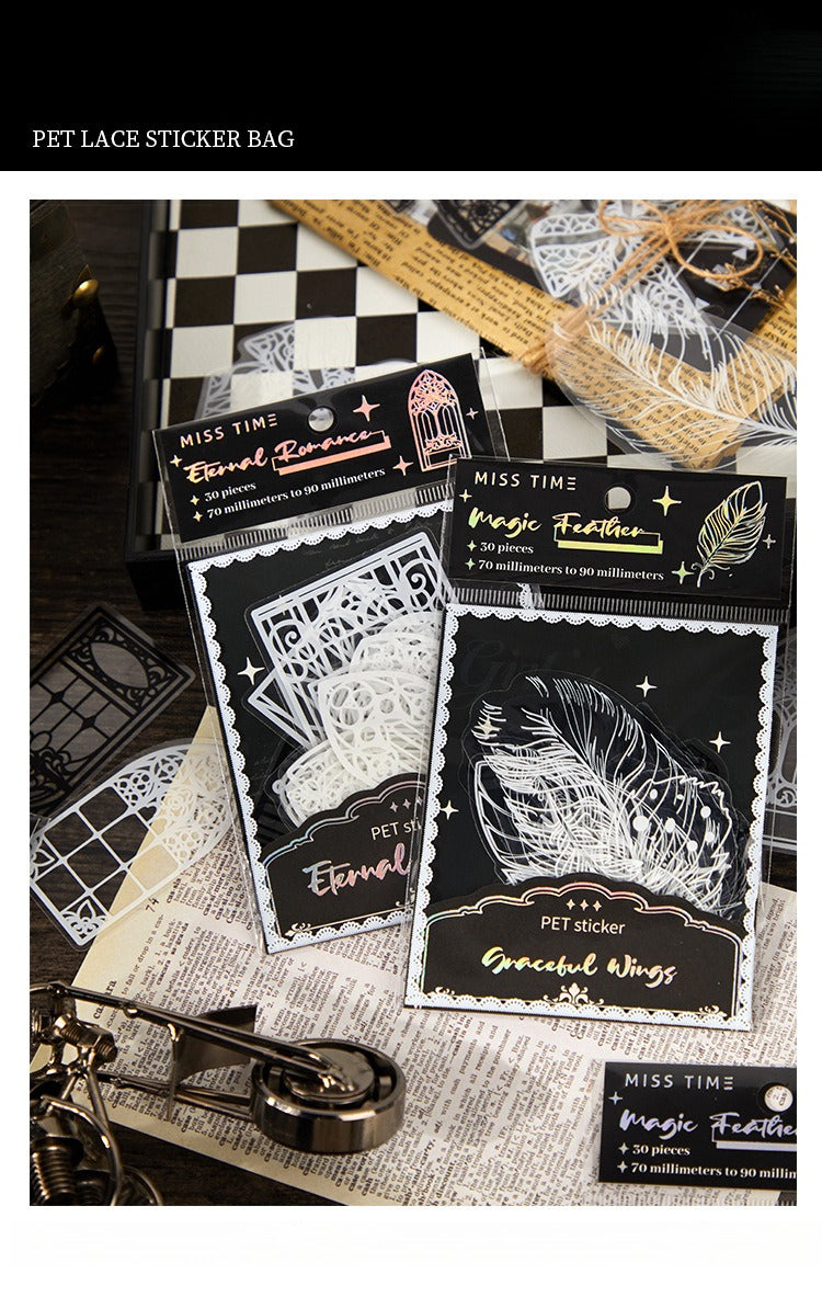 PET Sticker Pack – Romantic Eternal Series, 30 Sheets / 6 Designs, White Ink Lace Journaling & Scrapbooking Supplies
