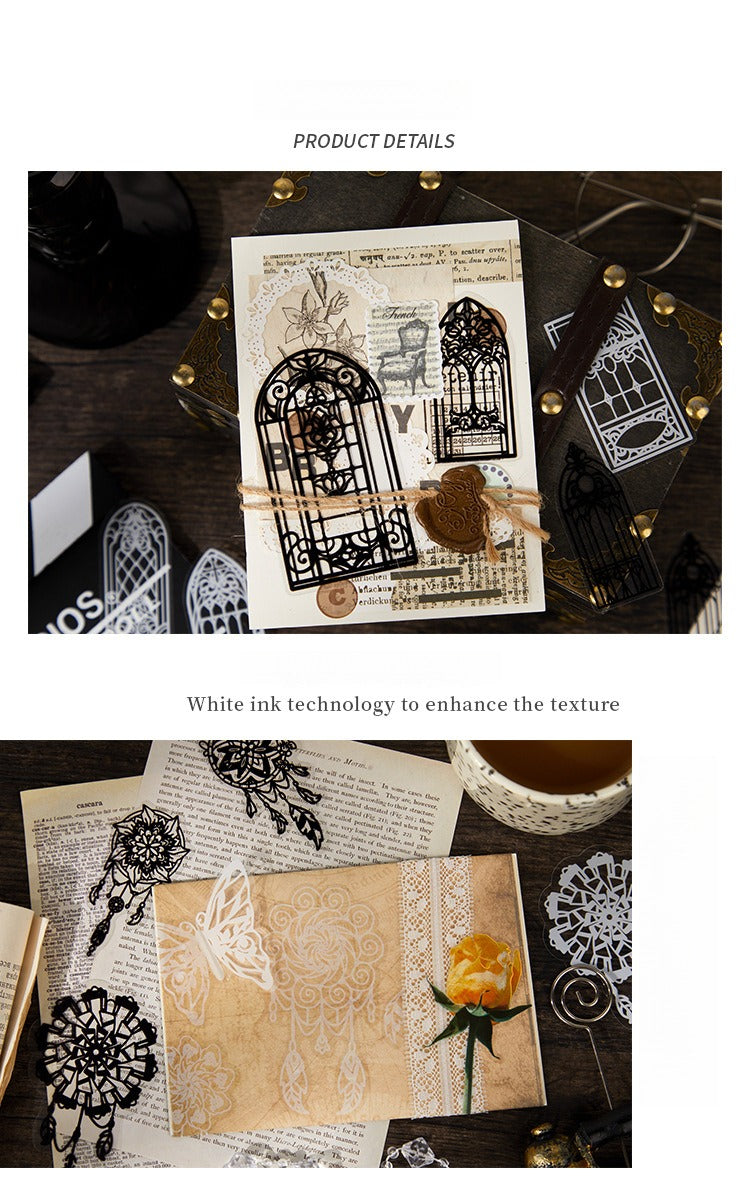 PET Sticker Pack – Romantic Eternal Series, 30 Sheets / 6 Designs, White Ink Lace Journaling & Scrapbooking Supplies