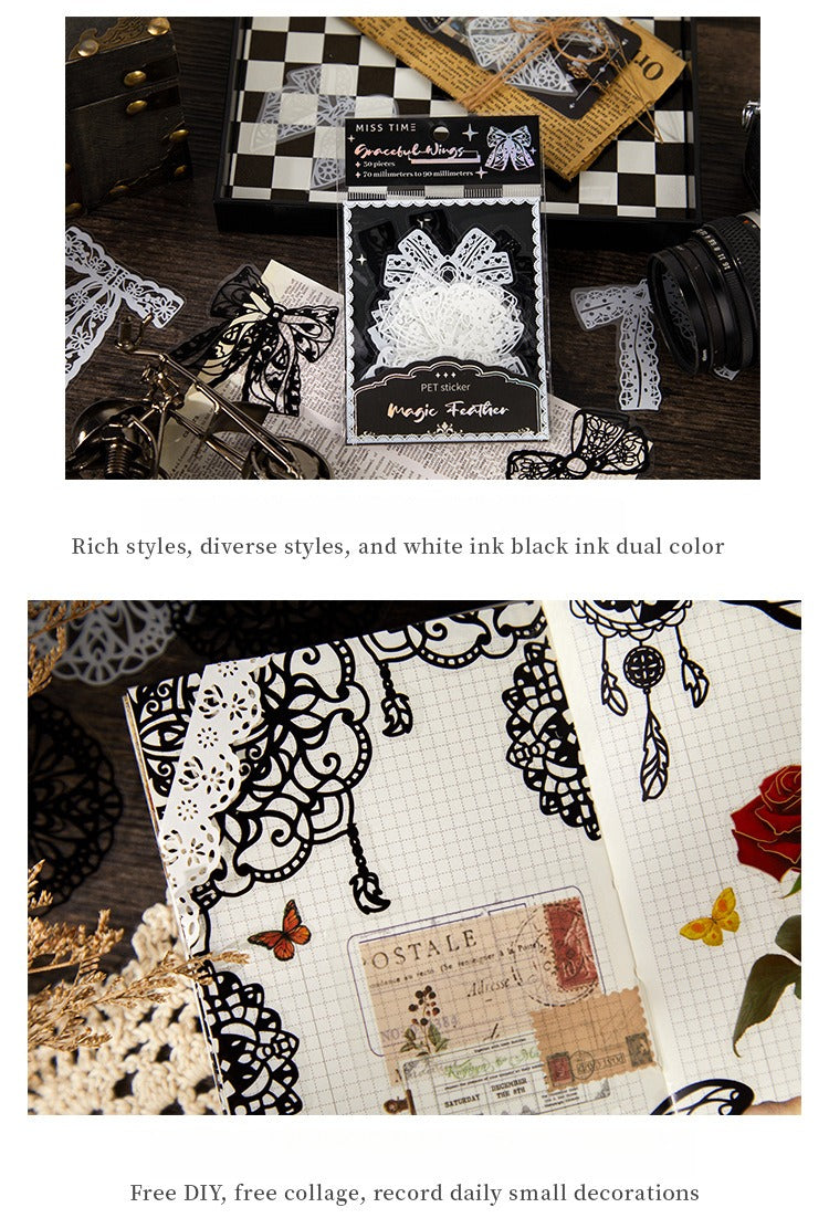 PET Sticker Pack – Romantic Eternal Series, 30 Sheets / 6 Designs, White Ink Lace Journaling & Scrapbooking Supplies