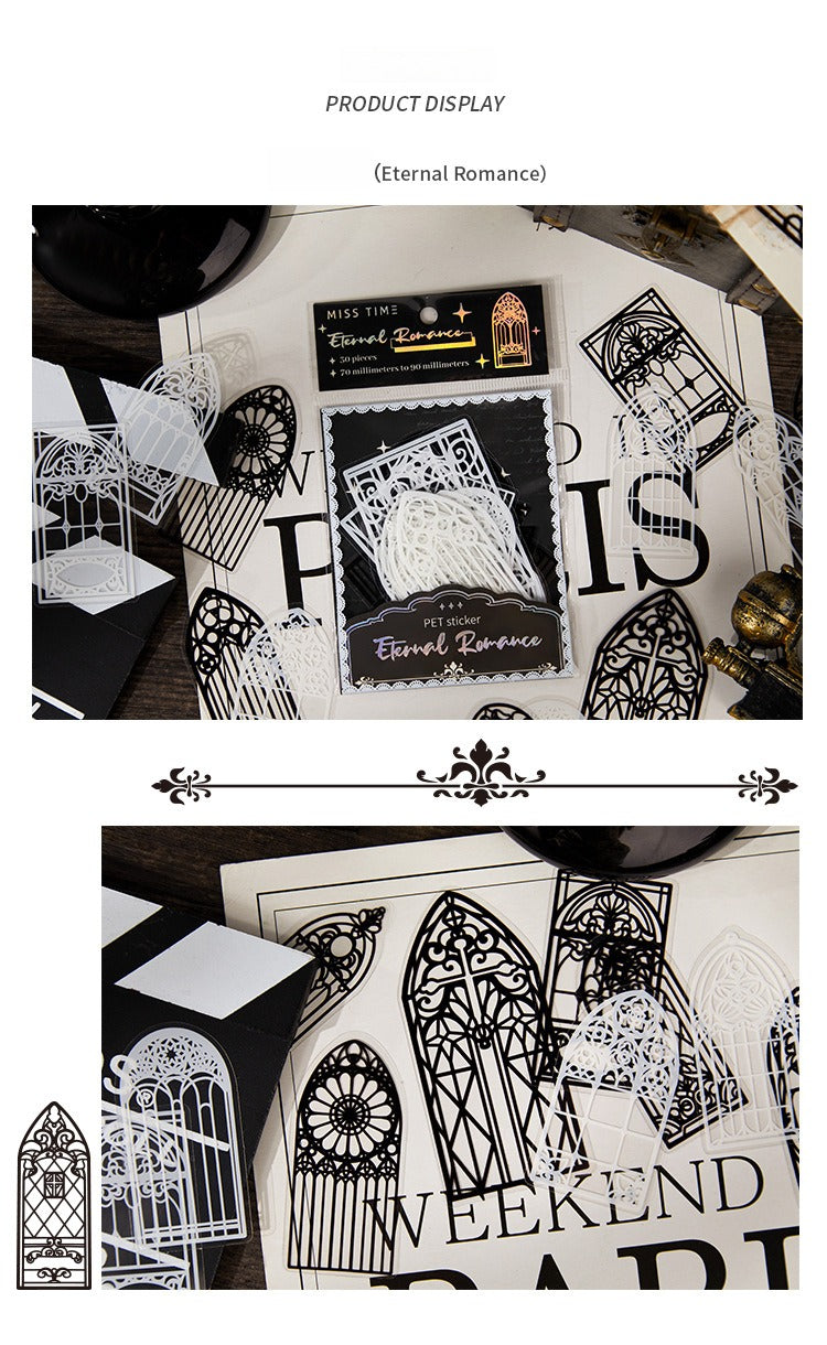 PET Sticker Pack – Romantic Eternal Series, 30 Sheets / 6 Designs, White Ink Lace Journaling & Scrapbooking Supplies