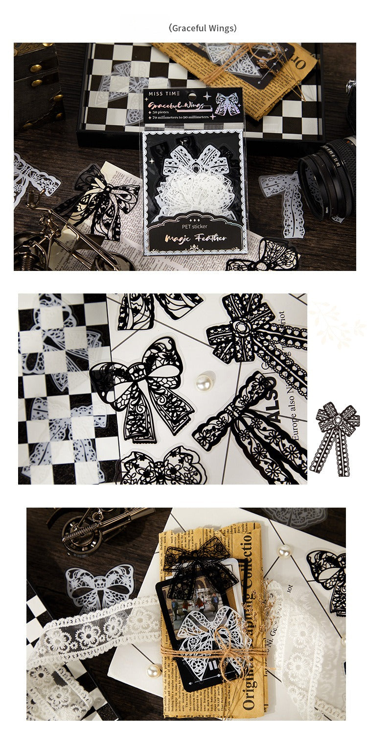 PET Sticker Pack – Romantic Eternal Series, 30 Sheets / 6 Designs, White Ink Lace Journaling & Scrapbooking Supplies