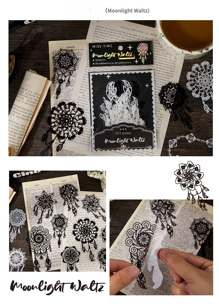 PET Sticker Pack – Romantic Eternal Series, 30 Sheets / 6 Designs, White Ink Lace Journaling & Scrapbooking Supplies
