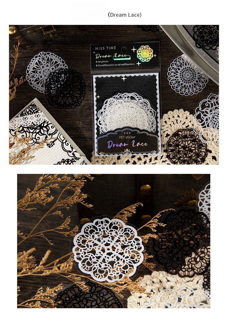 PET Sticker Pack – Romantic Eternal Series, 30 Sheets / 6 Designs, White Ink Lace Journaling & Scrapbooking Supplies