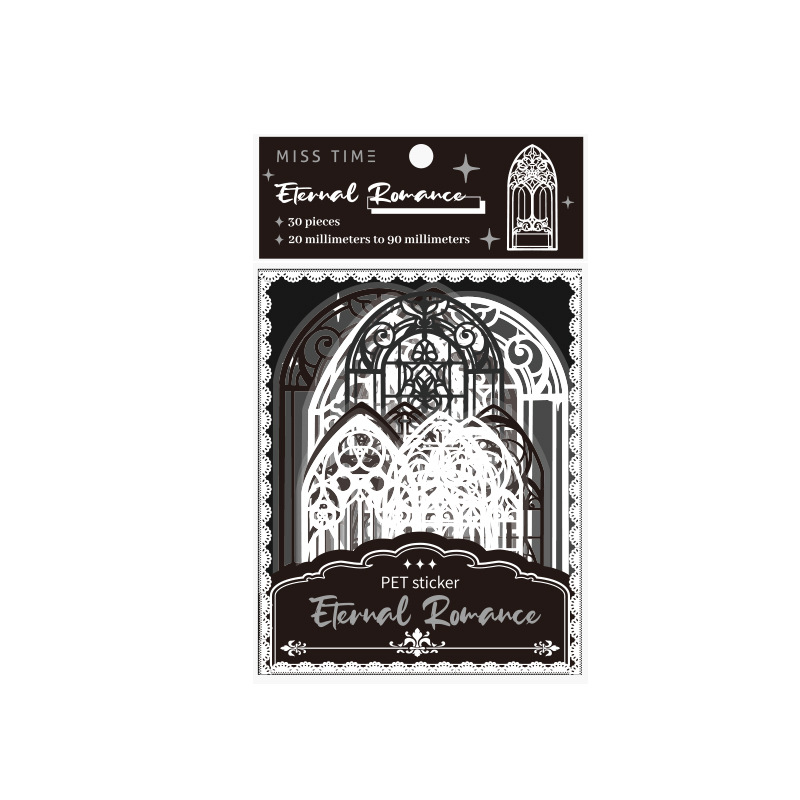 PET Sticker Pack – Romantic Eternal Series, 30 Sheets / 6 Designs, White Ink Lace Journaling & Scrapbooking Supplies