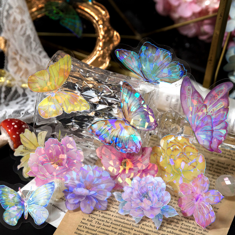 20-Piece Laser Silver Ice Crystal Sticker Pack – 6 Shimmering Designs, Holographic Journaling & Scrapbooking Supplies
