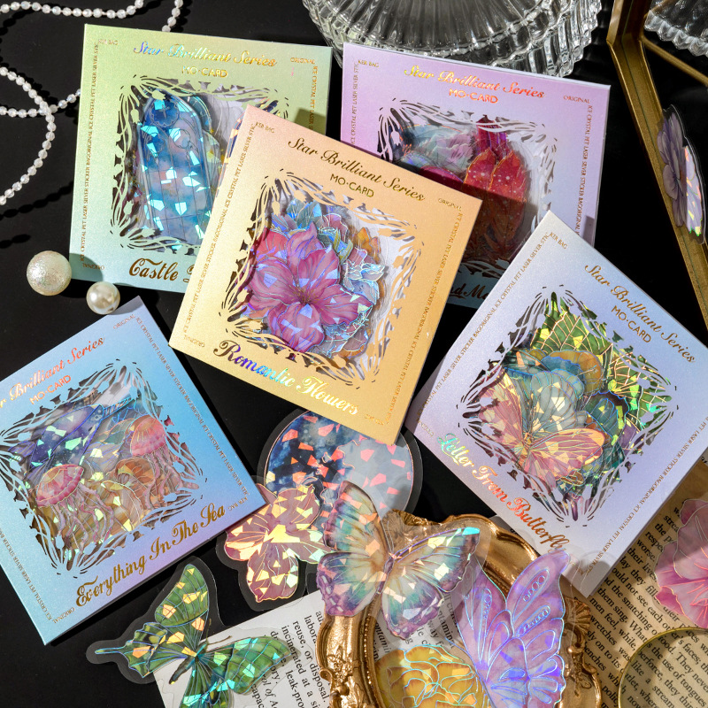 20-Piece Laser Silver Ice Crystal Sticker Pack – 6 Shimmering Designs, Holographic Journaling & Scrapbooking Supplies