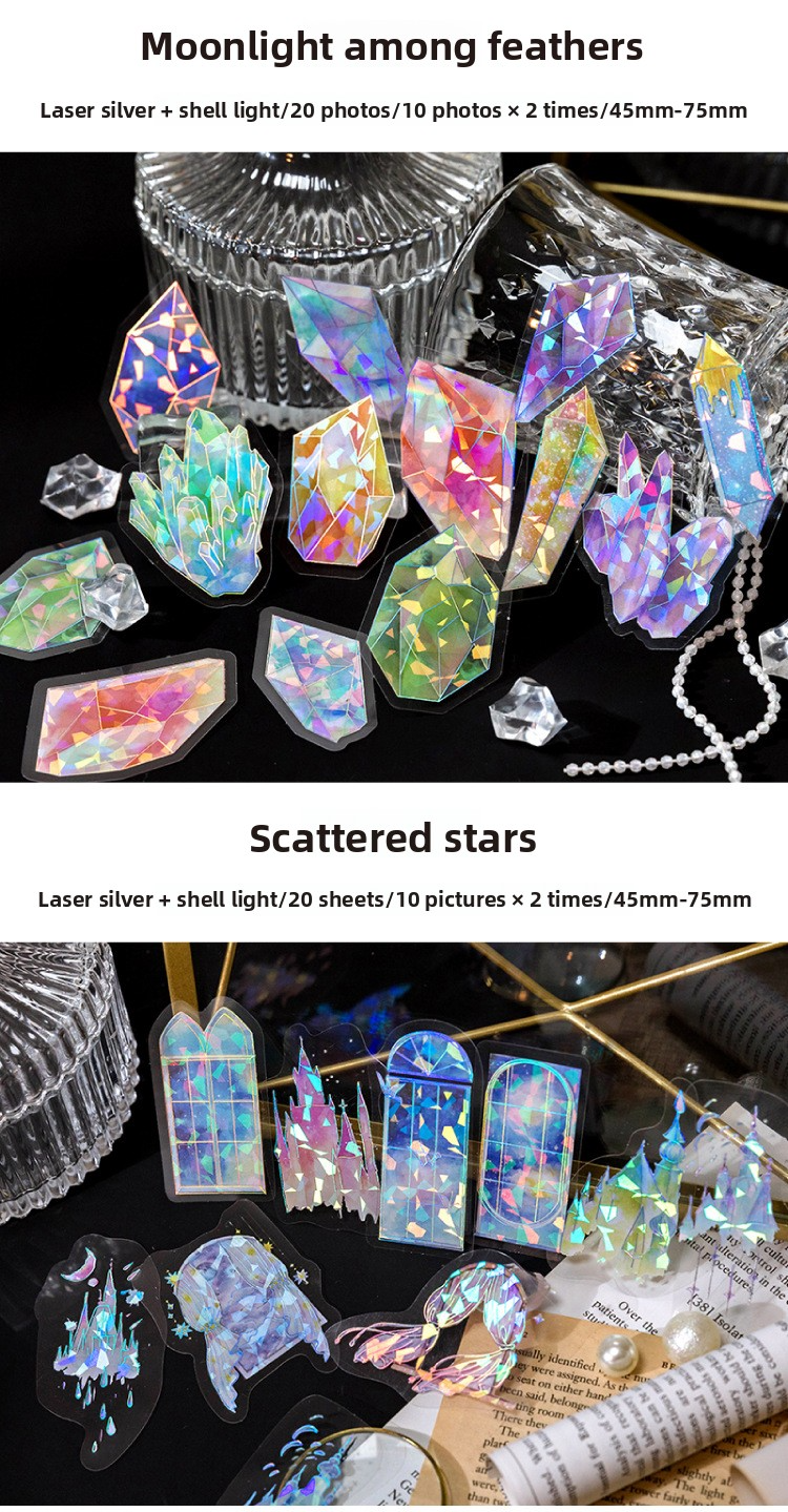 20-Piece Laser Silver Ice Crystal Sticker Pack – 6 Shimmering Designs, Holographic Journaling & Scrapbooking Supplies