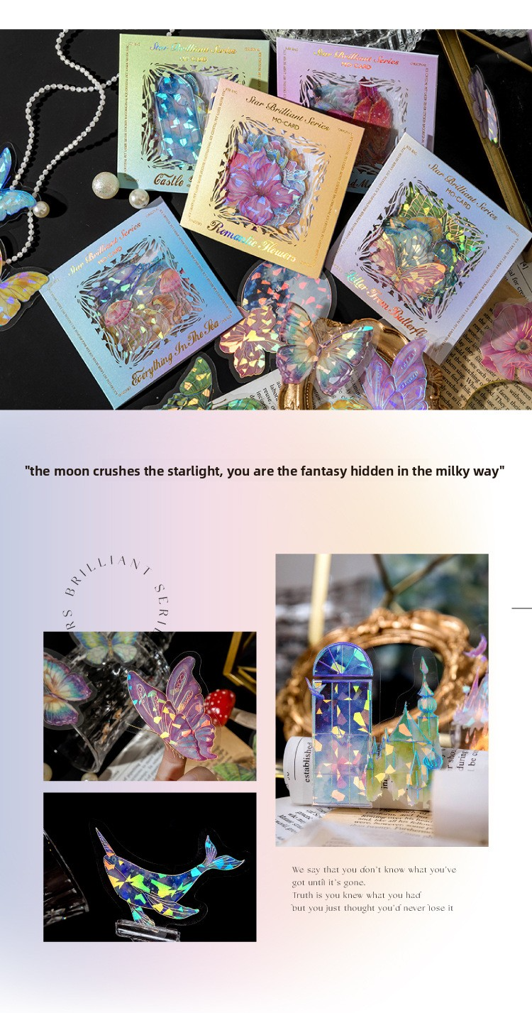 20-Piece Laser Silver Ice Crystal Sticker Pack – 6 Shimmering Designs, Holographic Journaling & Scrapbooking Supplies