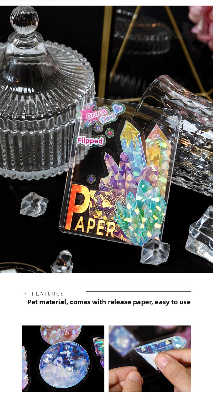 20-Piece Laser Silver Ice Crystal Sticker Pack – 6 Shimmering Designs, Holographic Journaling & Scrapbooking Supplies