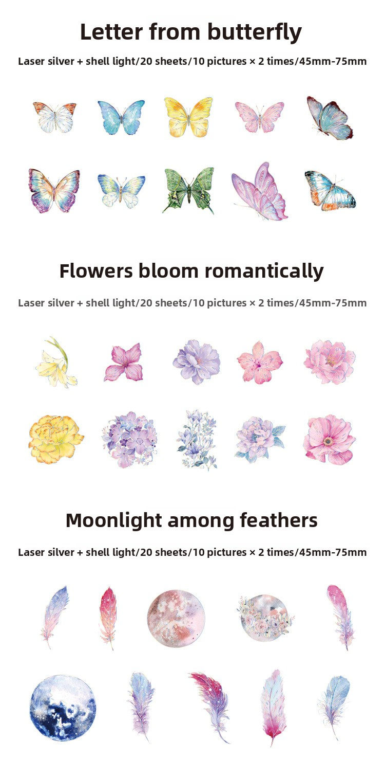20-Piece Laser Silver Ice Crystal Sticker Pack – 6 Shimmering Designs, Holographic Journaling & Scrapbooking Supplies