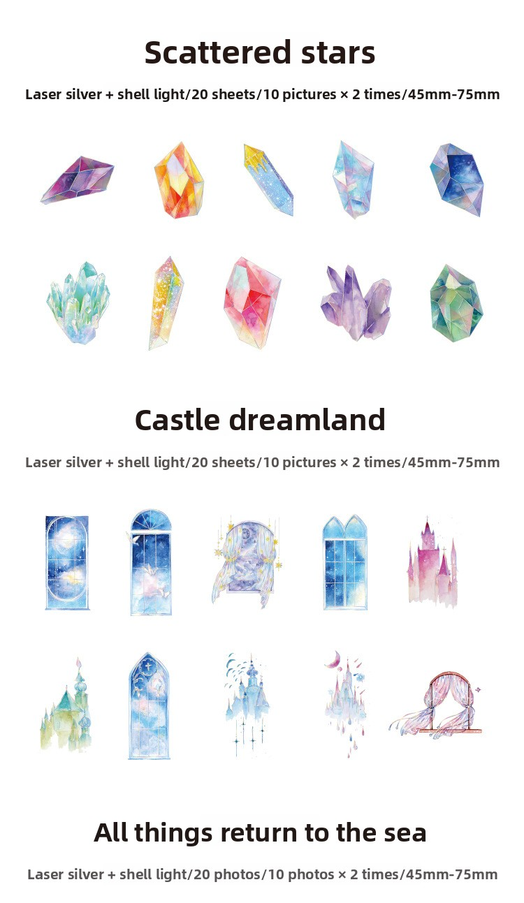 20-Piece Laser Silver Ice Crystal Sticker Pack – 6 Shimmering Designs, Holographic Journaling & Scrapbooking Supplies