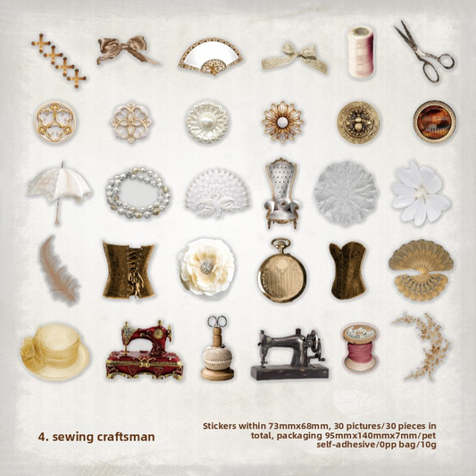 30-Piece Realistic Vintage Sticker Pack – 4 Themed Designs, DIY Journaling & Scrapbooking Decorative Supplies