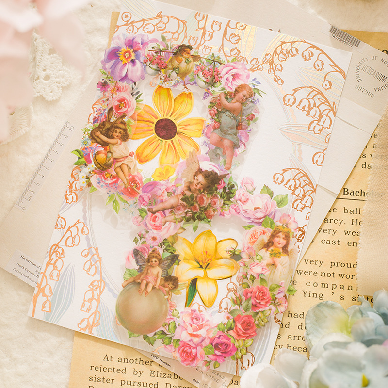 10-Piece "Dream Memory Angel" Vintage Floral Sticker Pack – 6 Botanical Designs, DIY Journaling & Scrapbooking Supplies