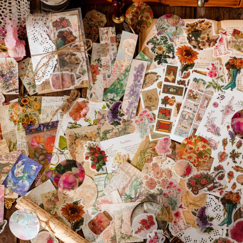 83-Piece Vintage Journaling Sticker Pack – 6 Themed Designs, Mixed Media Ephemera for Junk Journal & Scrapbooking