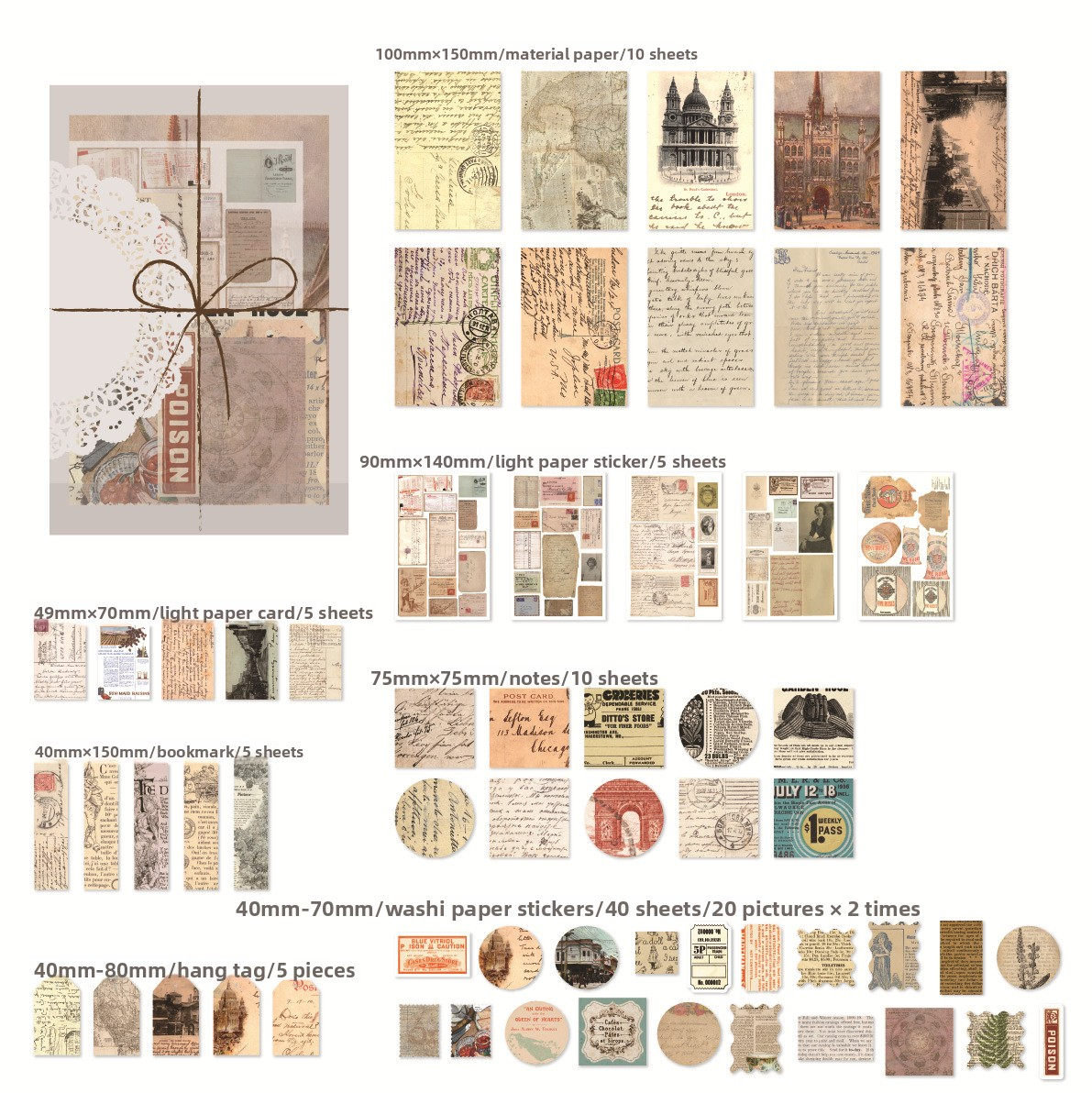 83-Piece Vintage Journaling Sticker Pack – 6 Themed Designs, Mixed Media Ephemera for Junk Journal & Scrapbooking