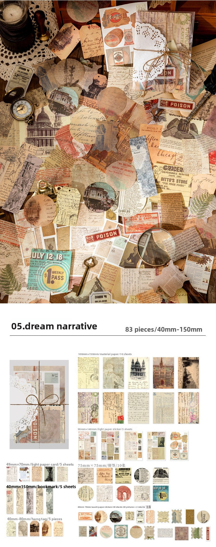 83-Piece Vintage Journaling Sticker Pack – 6 Themed Designs, Mixed Media Ephemera for Junk Journal & Scrapbooking
