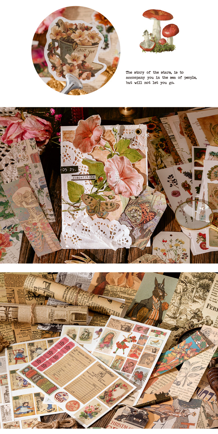 83-Piece Vintage Journaling Sticker Pack – 6 Themed Designs, Mixed Media Ephemera for Junk Journal & Scrapbooking