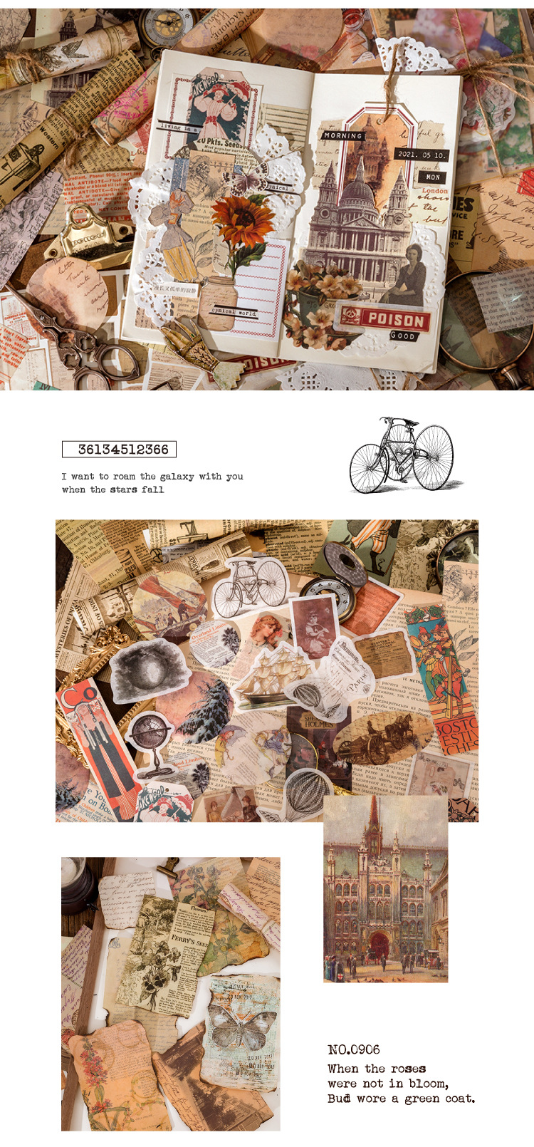 83-Piece Vintage Journaling Sticker Pack – 6 Themed Designs, Mixed Media Ephemera for Junk Journal & Scrapbooking