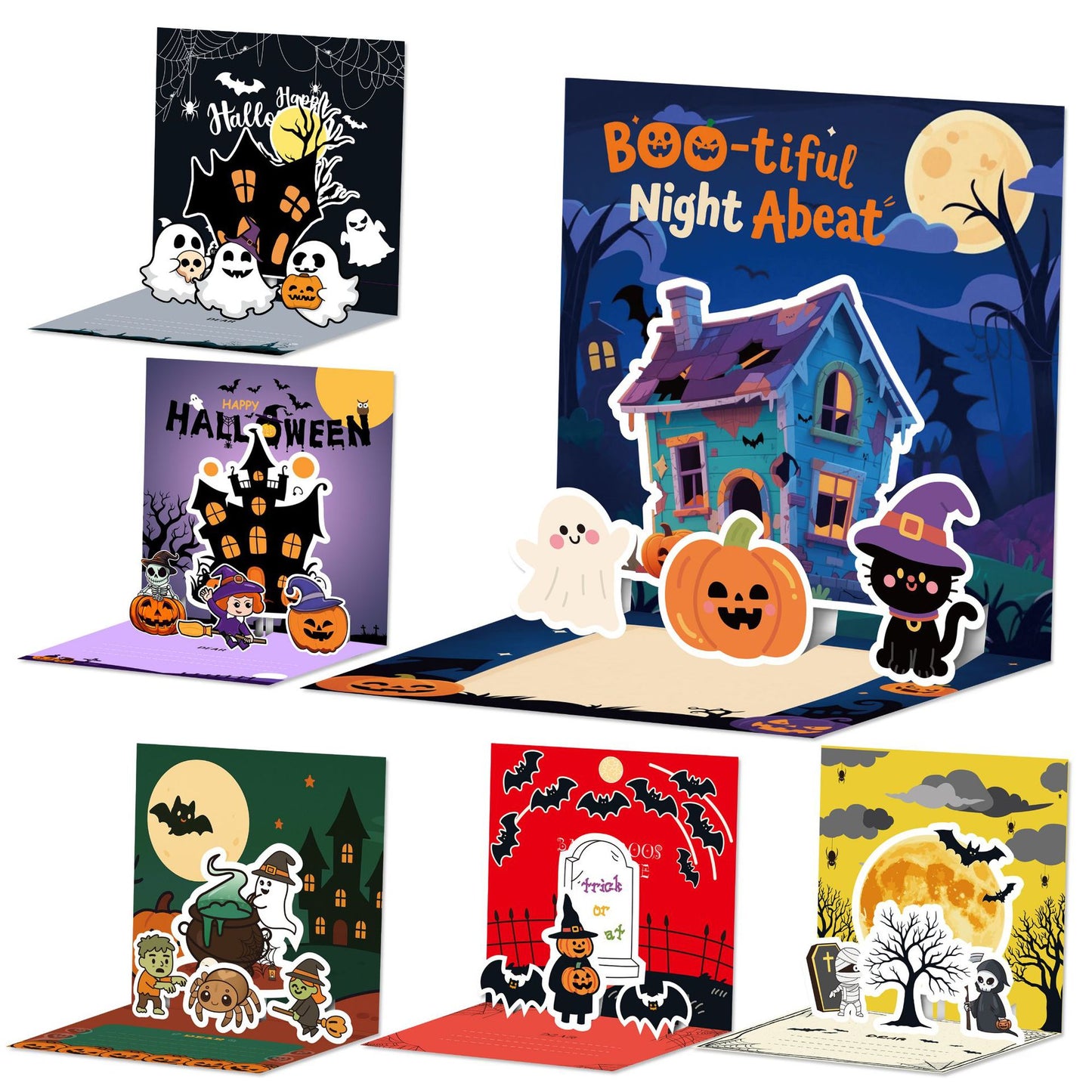 3D Pop-Up Halloween Greeting Card Set – 6-Pack Handmade Thank You Cards with Spooky Surprises, Laser-Cut Paper Art Keepsake