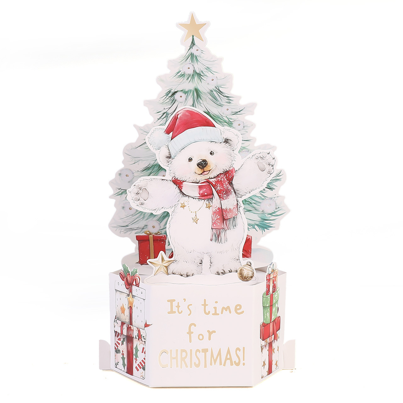 Wholesale 3D Pop-Up Christmas Bear Cards – Gold Foil Holiday Greeting Cards with Animal & Tree Design, Bulk Custom Orders Welcome