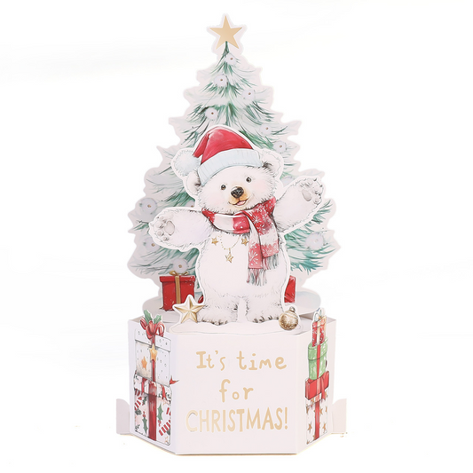 Wholesale 3D Pop-Up Christmas Bear Cards – Gold Foil Holiday Greeting Cards with Animal & Tree Design, Bulk Custom Orders Welcome