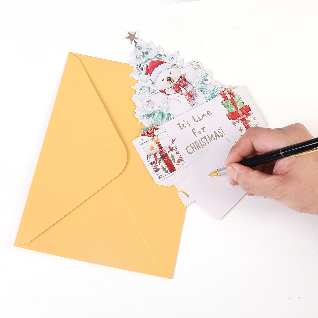 Wholesale 3D Pop-Up Christmas Bear Cards – Gold Foil Holiday Greeting Cards with Animal & Tree Design, Bulk Custom Orders Welcome