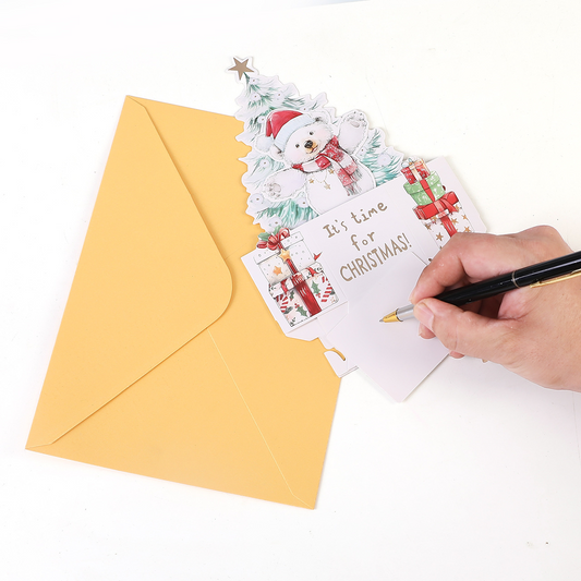 Wholesale 3D Pop-Up Christmas Bear Cards – Gold Foil Holiday Greeting Cards with Animal & Tree Design, Bulk Custom Orders Welcome