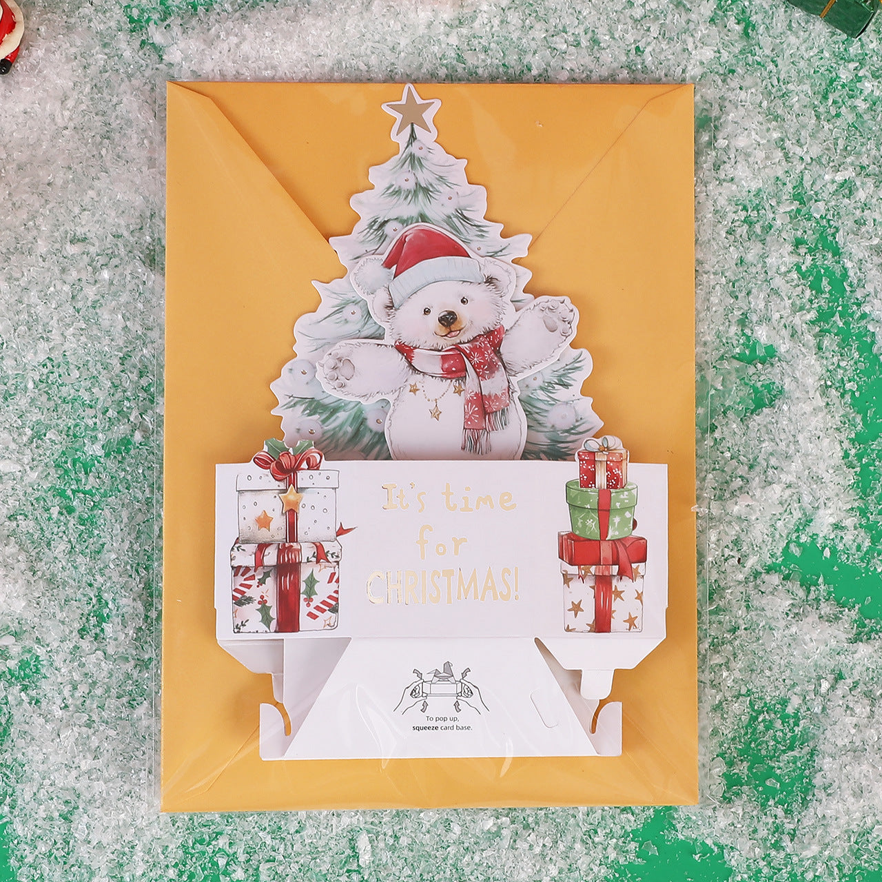 Wholesale 3D Pop-Up Christmas Bear Cards – Gold Foil Holiday Greeting Cards with Animal & Tree Design, Bulk Custom Orders Welcome