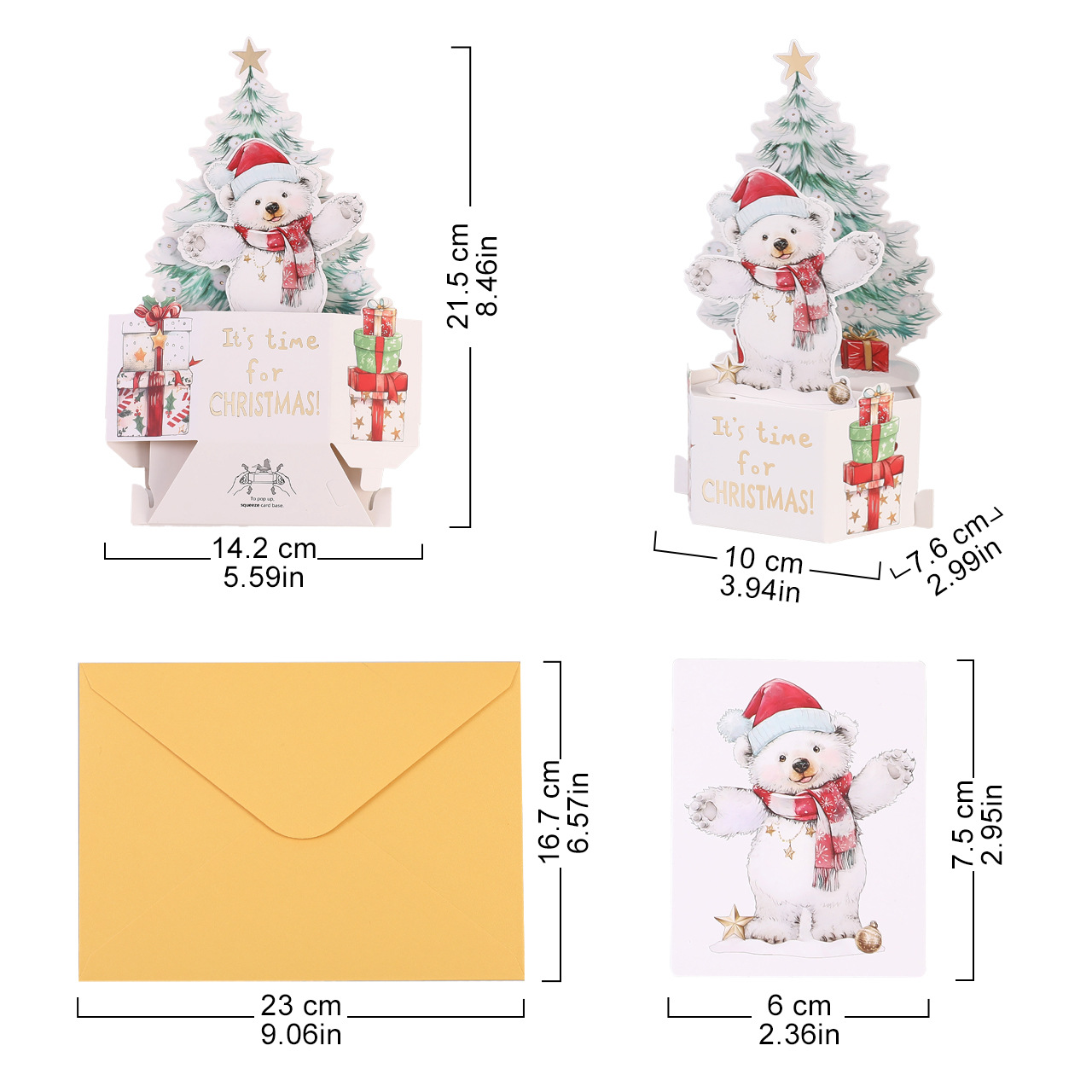 Wholesale 3D Pop-Up Christmas Bear Cards – Gold Foil Holiday Greeting Cards with Animal & Tree Design, Bulk Custom Orders Welcome