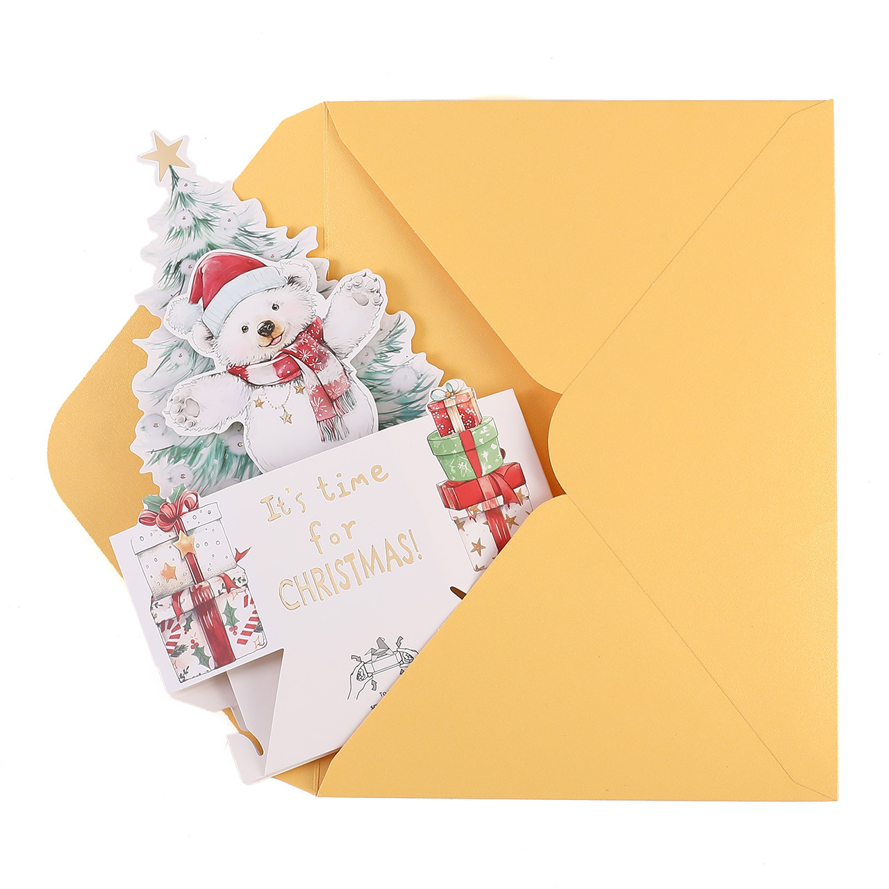 Wholesale 3D Pop-Up Christmas Bear Cards – Gold Foil Holiday Greeting Cards with Animal & Tree Design, Bulk Custom Orders Welcome