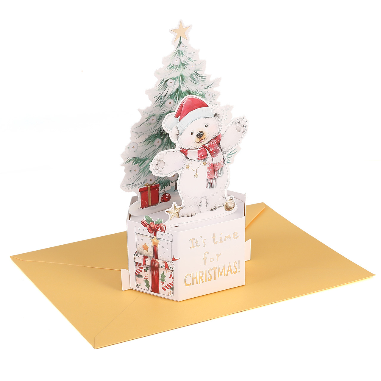 Wholesale 3D Pop-Up Christmas Bear Cards – Gold Foil Holiday Greeting Cards with Animal & Tree Design, Bulk Custom Orders Welcome