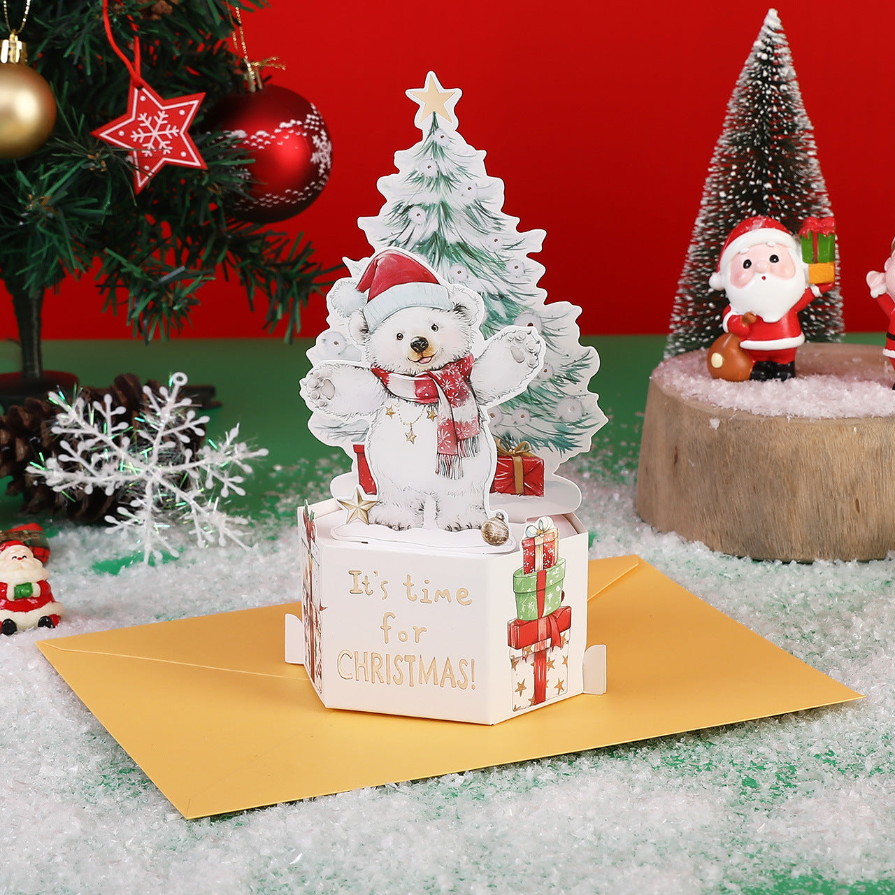 Wholesale 3D Pop-Up Christmas Bear Cards – Gold Foil Holiday Greeting Cards with Animal & Tree Design, Bulk Custom Orders Welcome