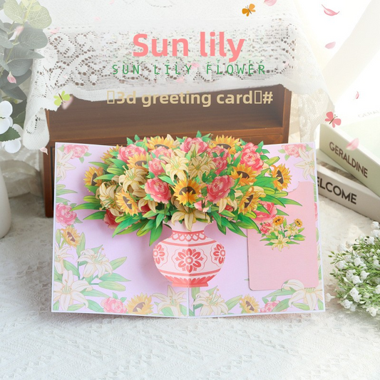 3D Pop-Up Sunflower & Lily Vase Card – Handmade Paper Sculpture for Valentine‘s Day, A Fresh & Elegant Keepsake with Envelope