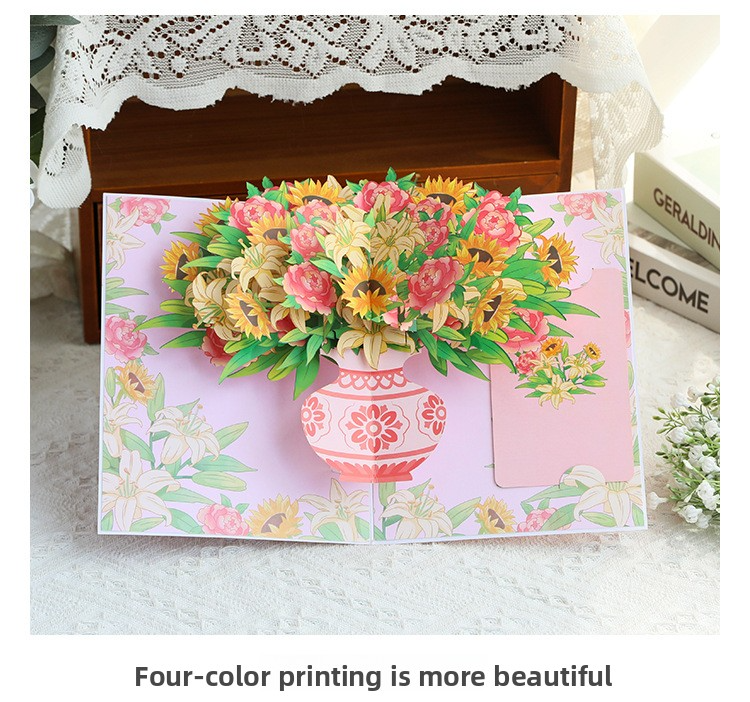 3D Pop-Up Sunflower & Lily Vase Card – Handmade Paper Sculpture for Valentine‘s Day, A Fresh & Elegant Keepsake with Envelope