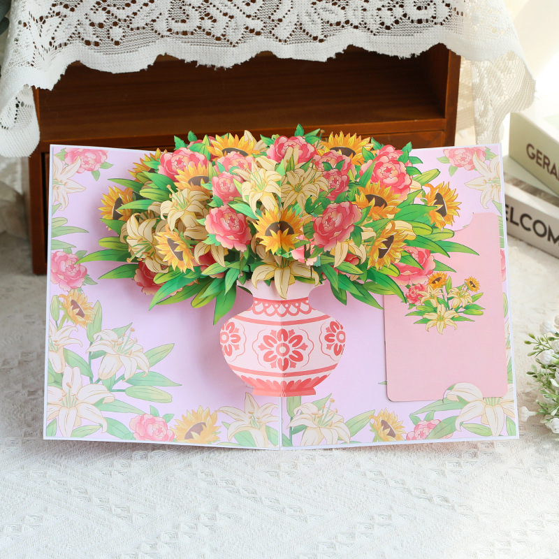 3D Pop-Up Sunflower & Lily Vase Card – Handmade Paper Sculpture for Valentine‘s Day, A Fresh & Elegant Keepsake with Envelope