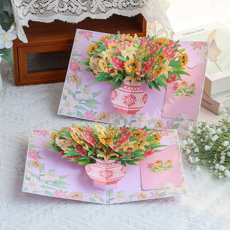 3D Pop-Up Sunflower & Lily Vase Card – Handmade Paper Sculpture for Valentine‘s Day, A Fresh & Elegant Keepsake with Envelope