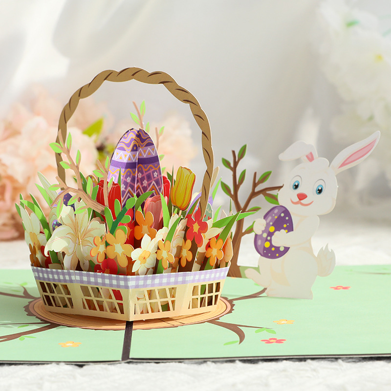 3D Pop-Up Easter Bunny & Egg Card – Handcrafted Paper Sculpture with Spring Flowers, A Playful Keepsake for the Holiday, with Envelope