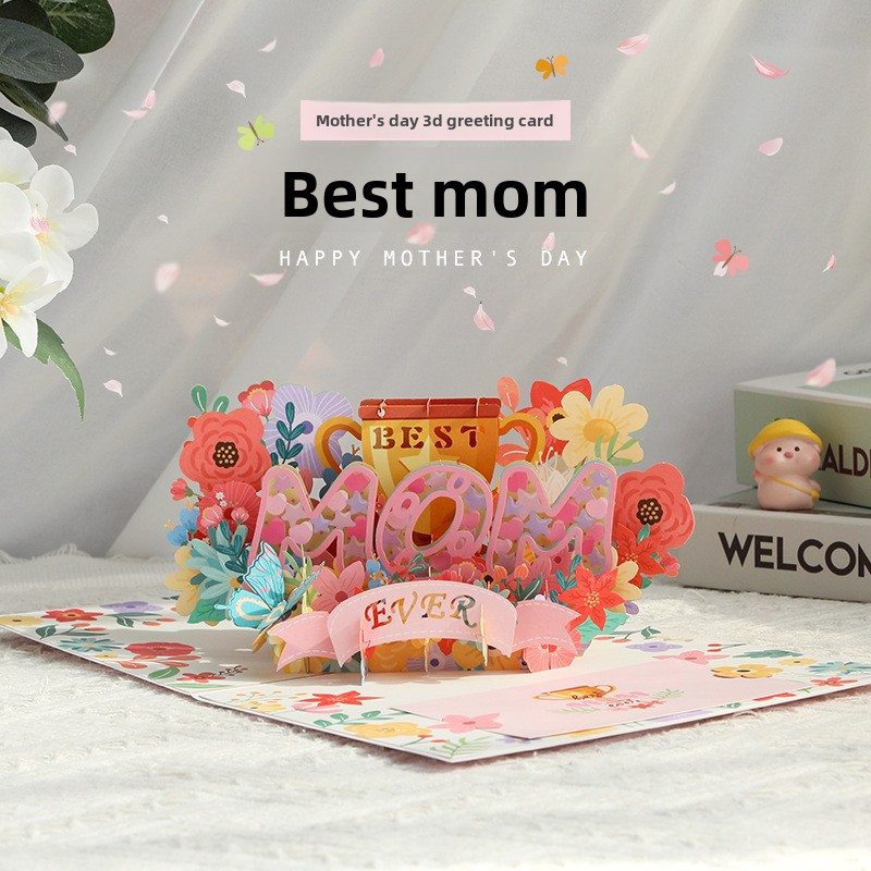 3D Pop-Up “Best Mom” Mother‘s Day Card – Handcrafted Paper Sculpture with Flowers & Hearts, A Heartfelt Keepsake She’ll Treasure, with Envelope
